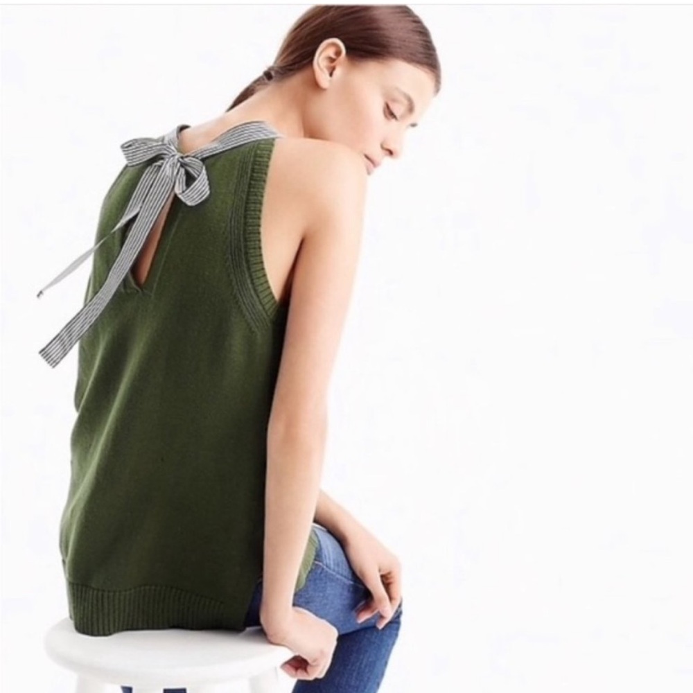 J. Crew Sleeveless Green Sweater Tank Top Ribbon Striped Black White Trim Sz M